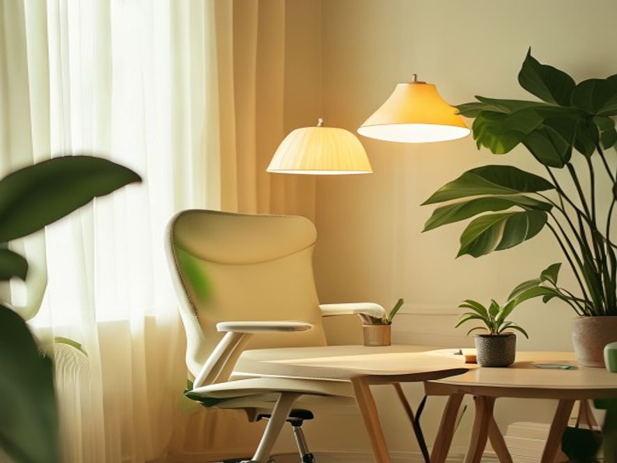Lysindfald på planter og notesbog på stilistisk indrettet skrivebord